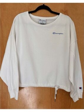 Champion White Cropped Sweatshirt with Blue Logo